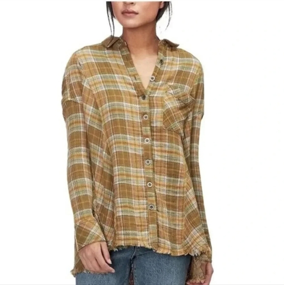 Free People Tops - Free People olive green plaid button down top